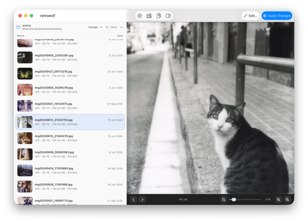 retroexif on macOS in light mode: browsing a folder of analog scans with the image preview