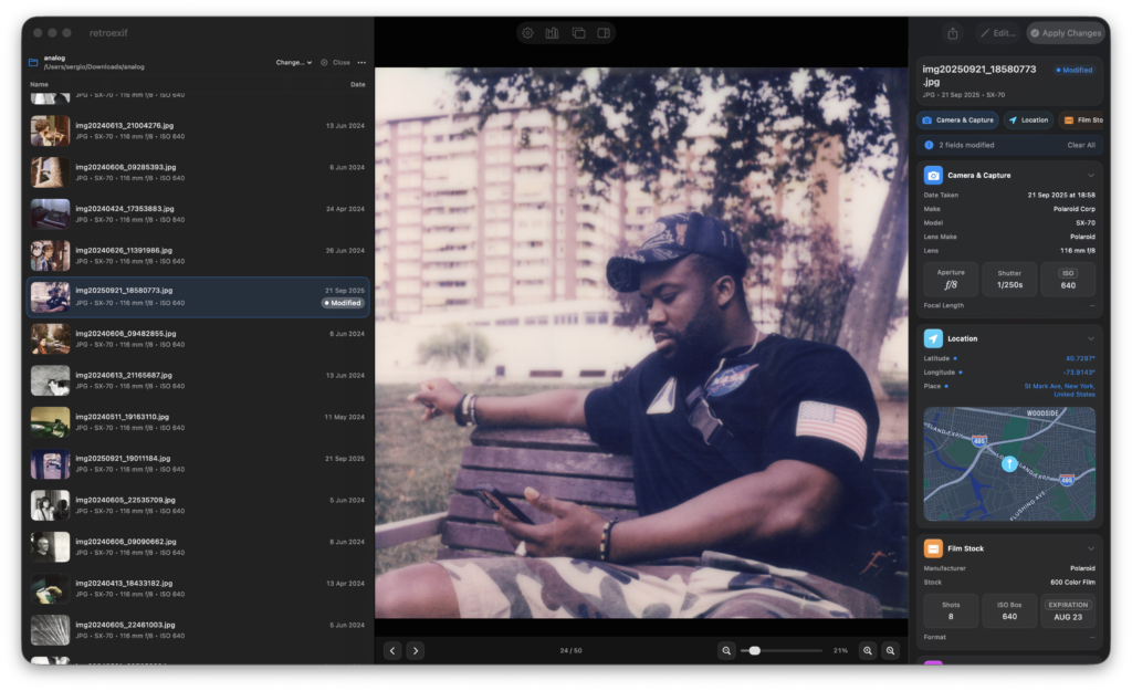 retroexif on macOS in dark mode: photo browser, image preview and the camera, location and film stock metadata panel