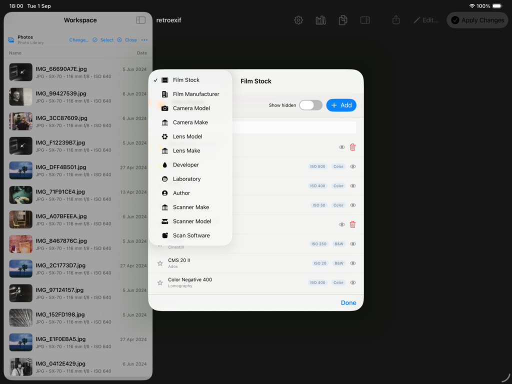 retroexif on iPad: managing presets for film stock, cameras, lenses, developer, laboratory and scanners